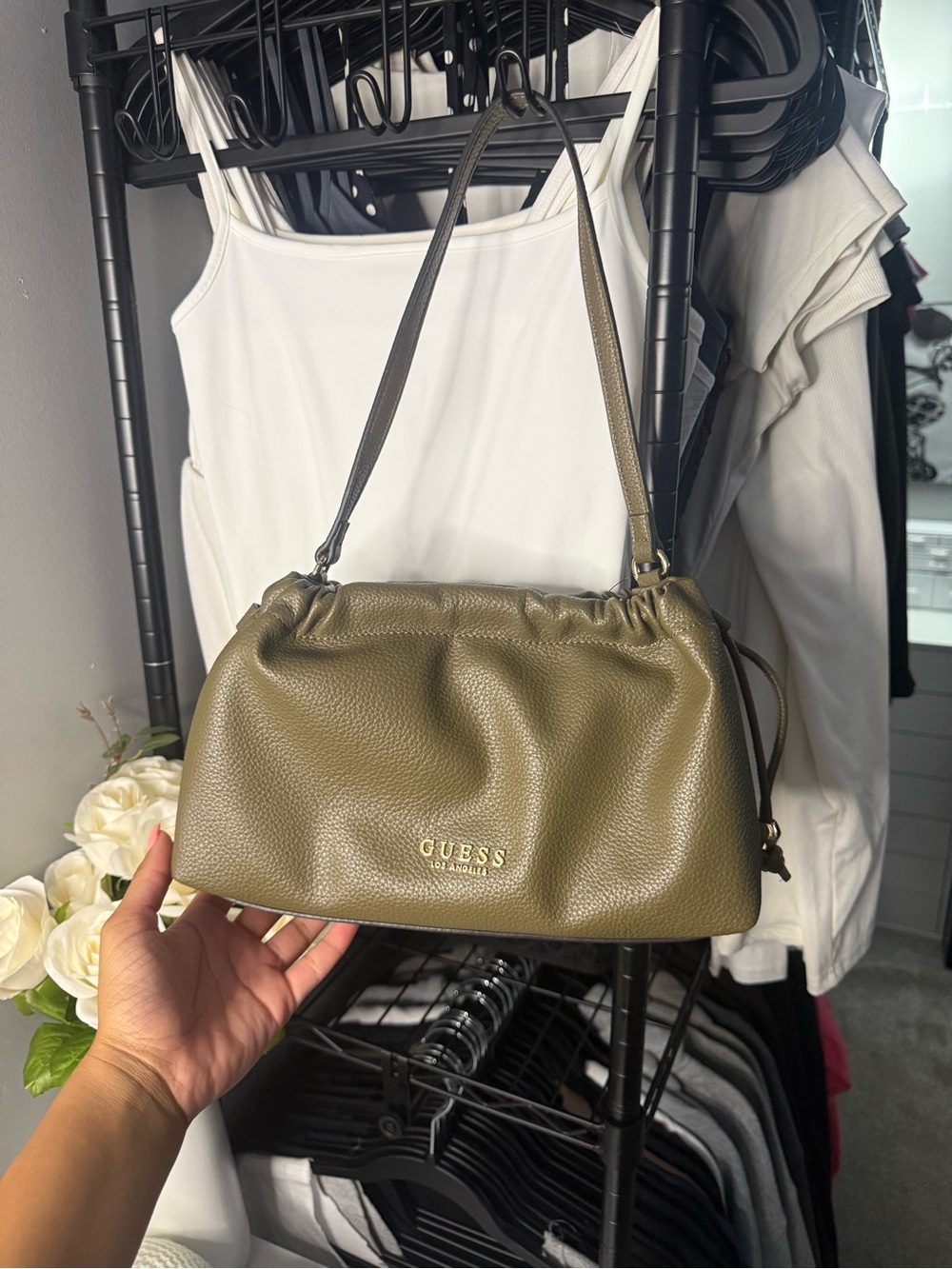 GUESS Olive Pebbled Shoulder Bag with Gold Logo